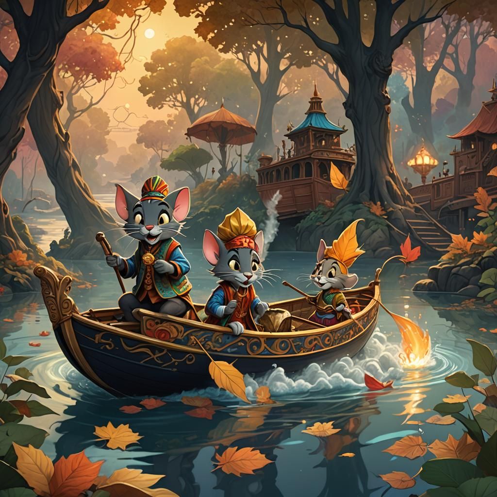 Tom and Jerry in a leaf boat, with tall turbans on their hea...