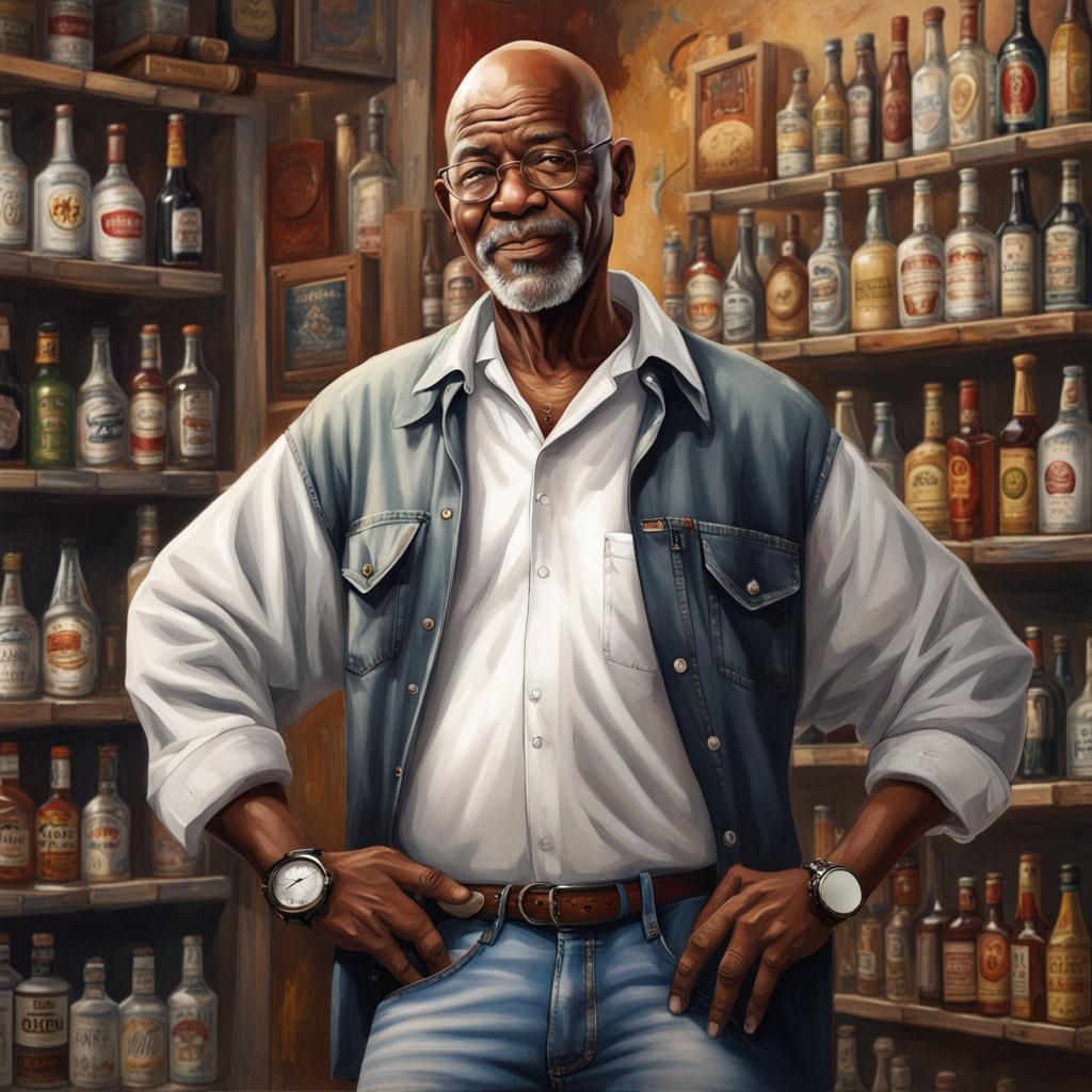 Realistic, AfricanAmerican older man with round face,bald shaved head