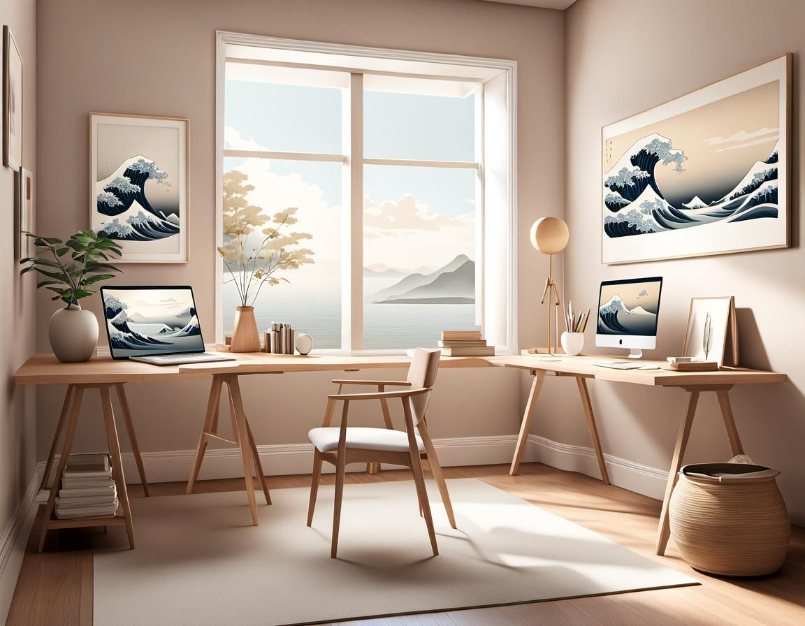 A tranquil, minimalist home office in Digital Illustration s...