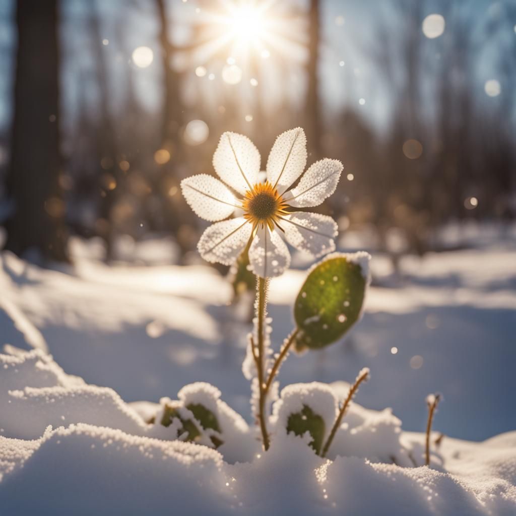 A single flower blooming through a thin layer of snow  by @AvoDeciduous