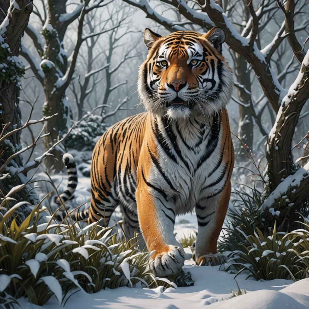 snow tiger waiting in the bushes stalking for an ambush