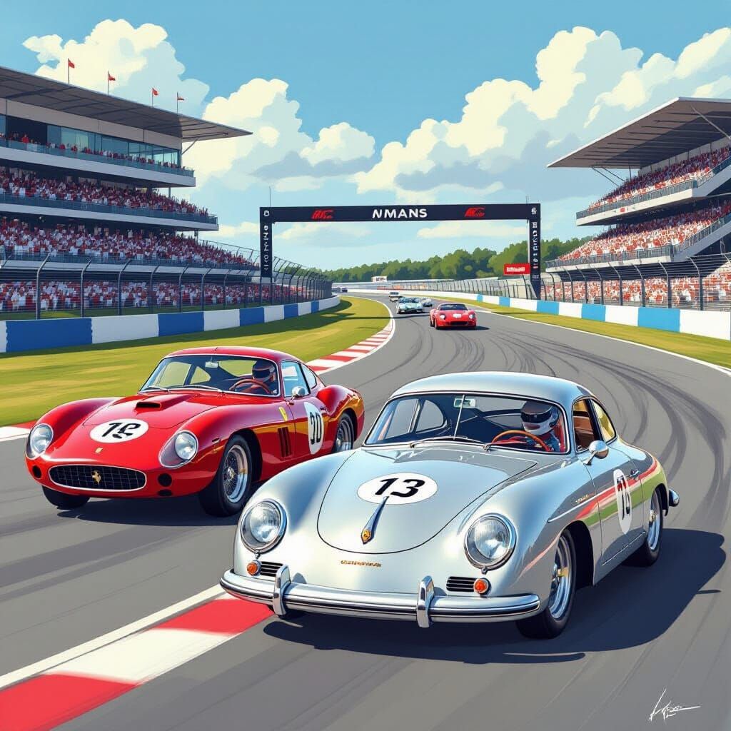 lemans 1950. a porsche is beating a Ferrari race car