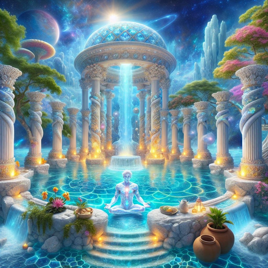 A tropical ethereal magical cosmic scene with a water temple made of white stone with columns. Pools of beautiful crystal clear turquoise wa...