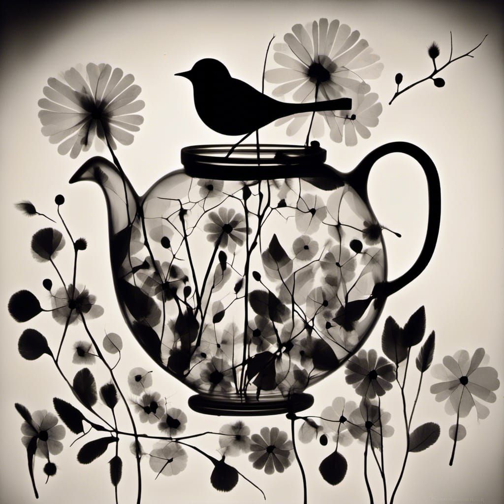 <lora:Photo gram Whitebird:1.0> Photogram of a glass teapot ...