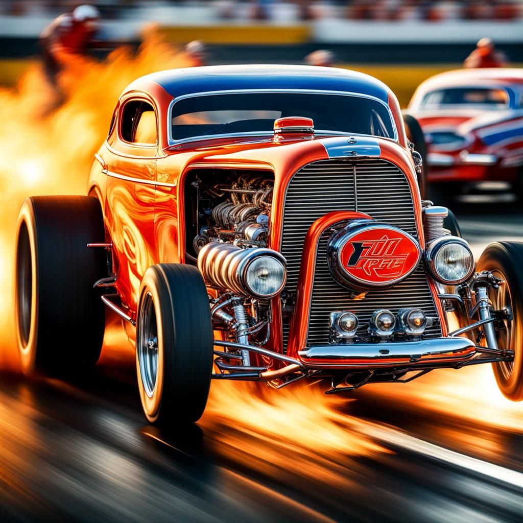 A rush of speed and the roar of engines in the drag racing on fire ...