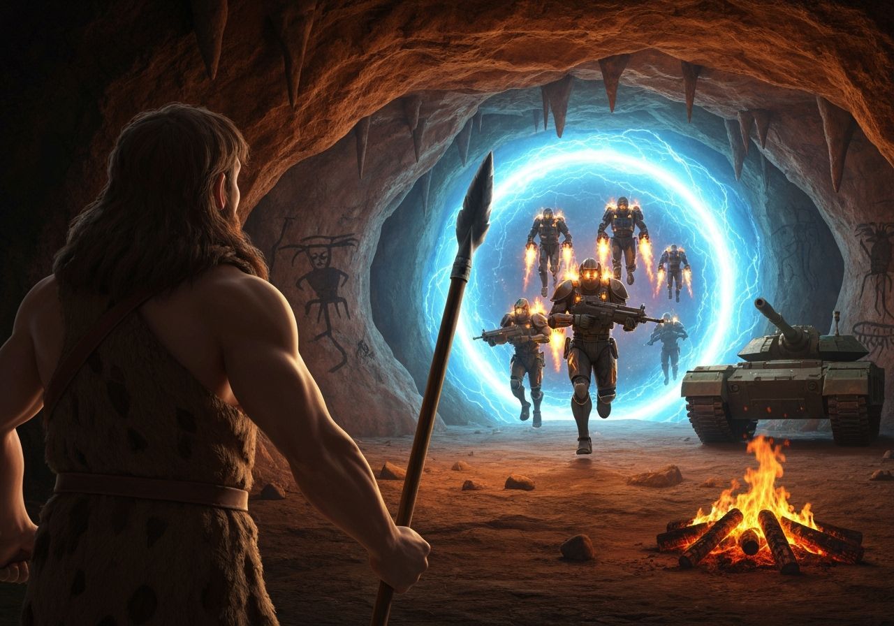 Future time travel army invading prehistoric past  by @David Myers