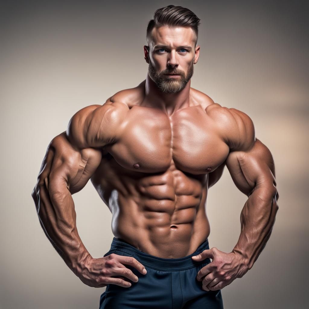 Muscular Bodybuilder Flexing in Gym: Hyperrealistic Portrait