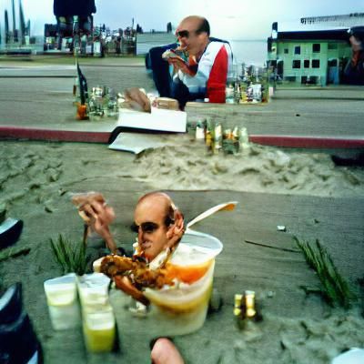Hunter S Thompson eating shrimp cocktails on Venice Beach