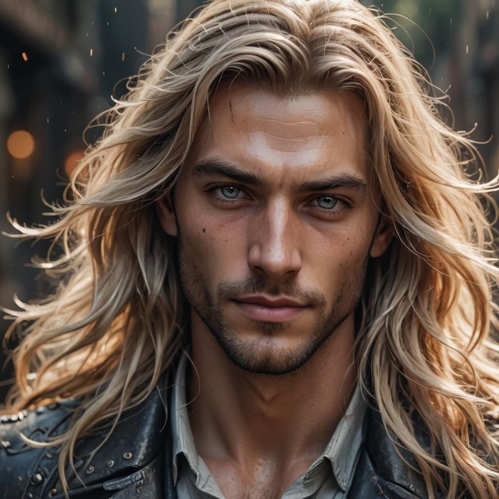 a handsome male model headshot. He has long blonde hair and ...