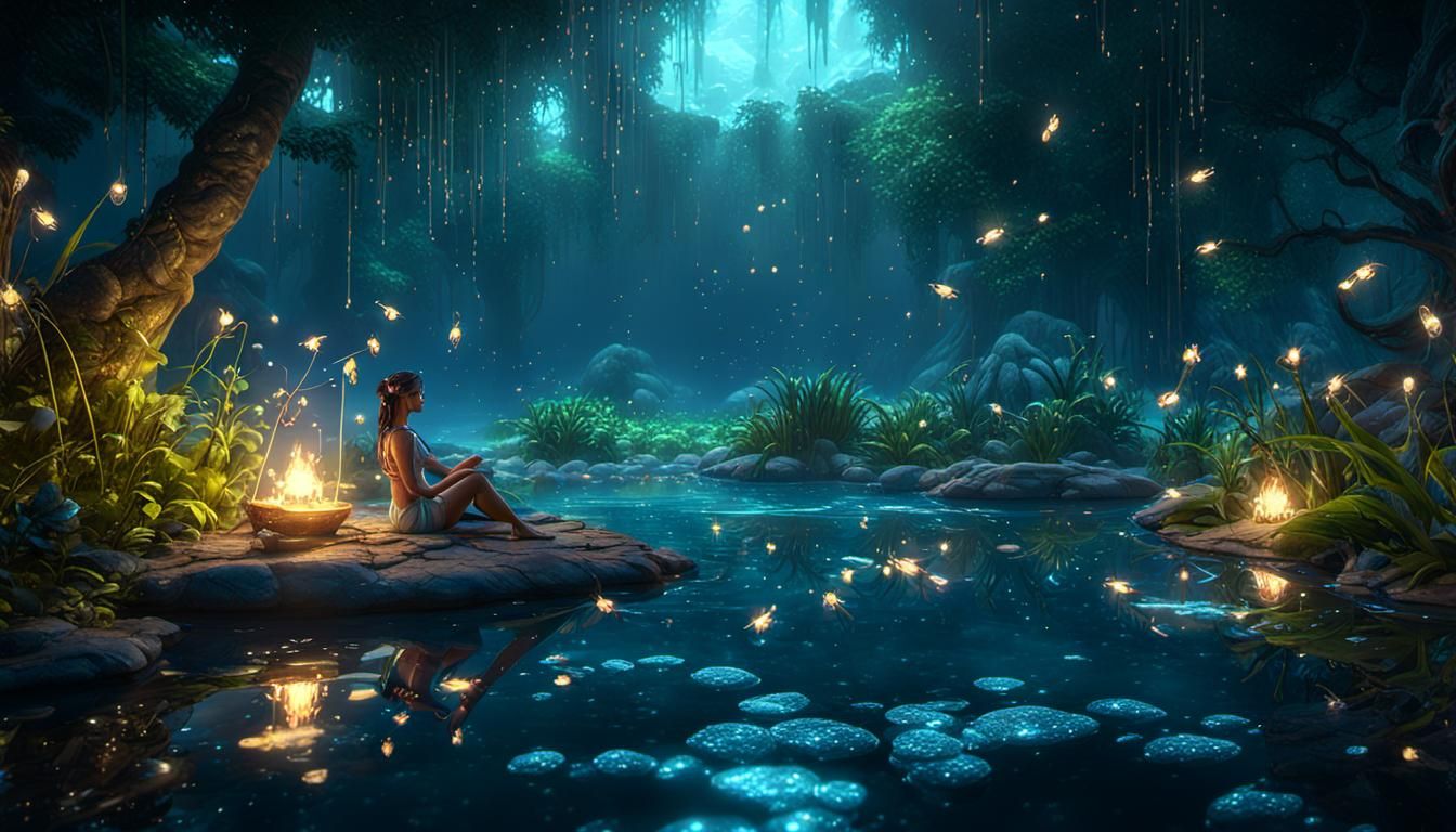 a nymph relaxing in a magical lagoon with an enchanted fireflies