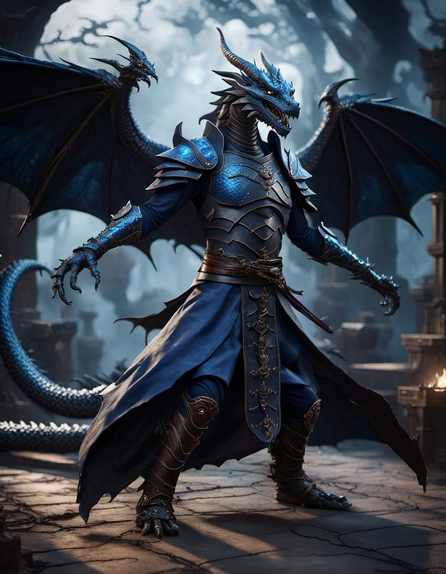 a photograph of a dark blue humanoid dragon with large wings...