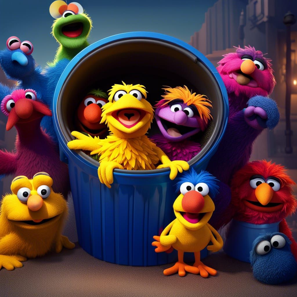 The muppets, big bird , and Grover in a trash can Pixar, Disney ...