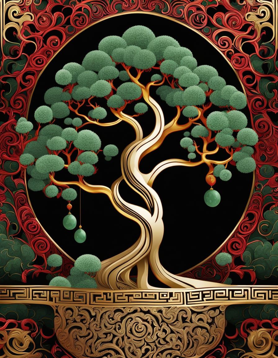 Black And Red Ancient Illustration Botanical Study Seamless Tileable Jade Tree Pattern Dynamic Lighting ...  by @Ima