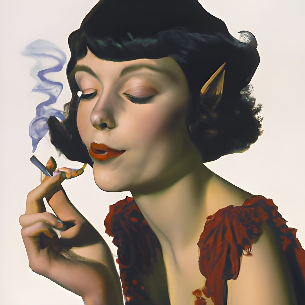 A pinup elven women smoking a cigarette, eyes closed, by Gil...