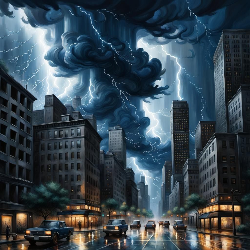 A city engulfed by a severe and chaotic storm, reminiscent of a cyclone's ferocity. Towering ...  by @Queen Caffeine