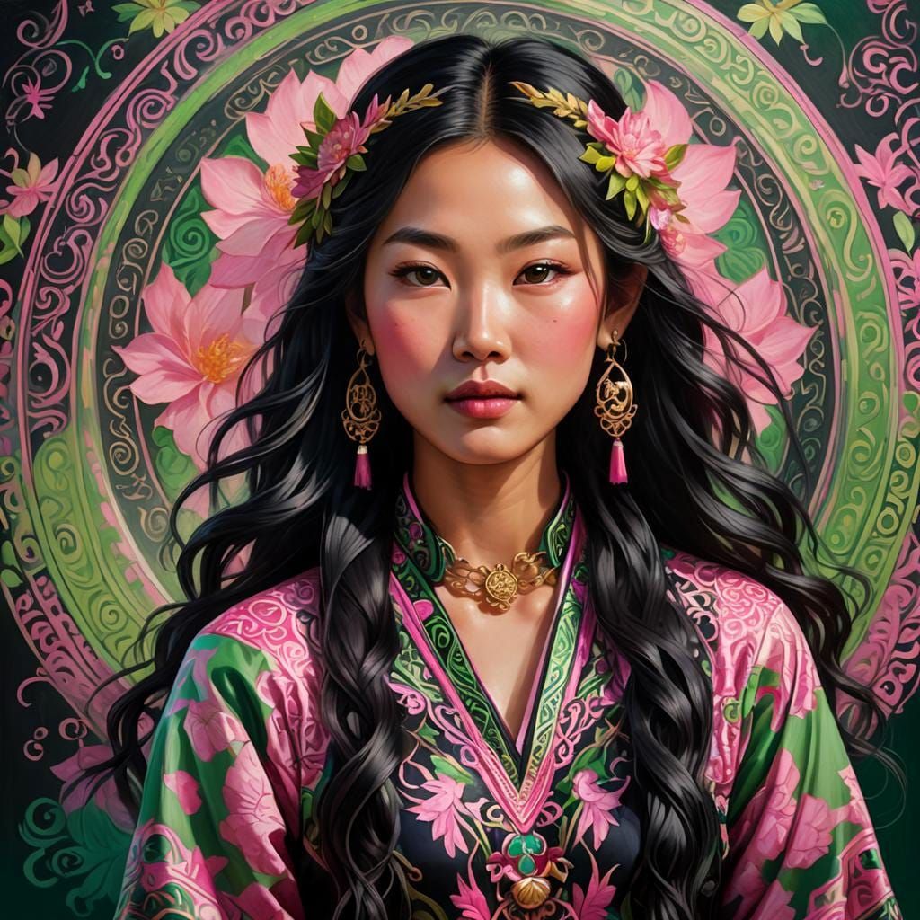 Beautiful Asian Woman - Green & Pink