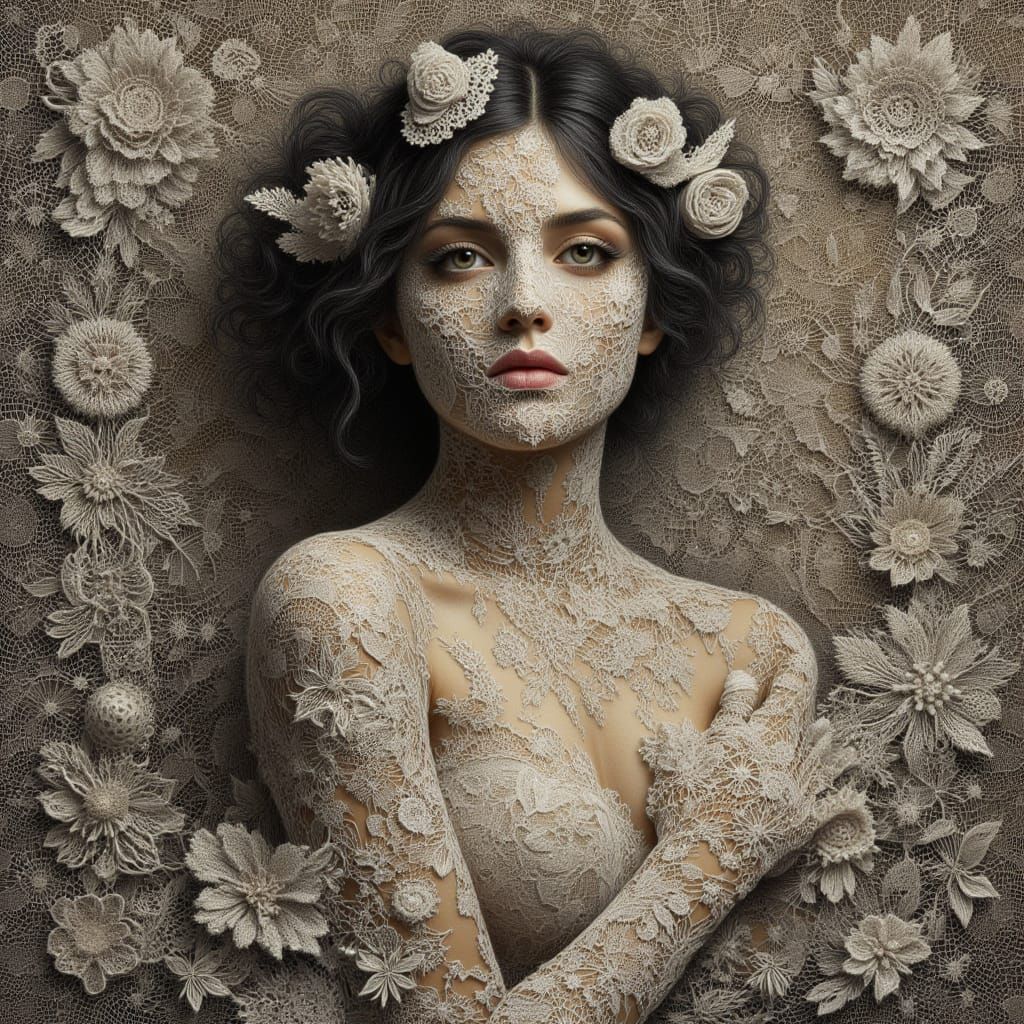 <lora:kak-lacemadness:1.0>Illustration of a Woman covered in lace, her face is also covered in lace on a lace background