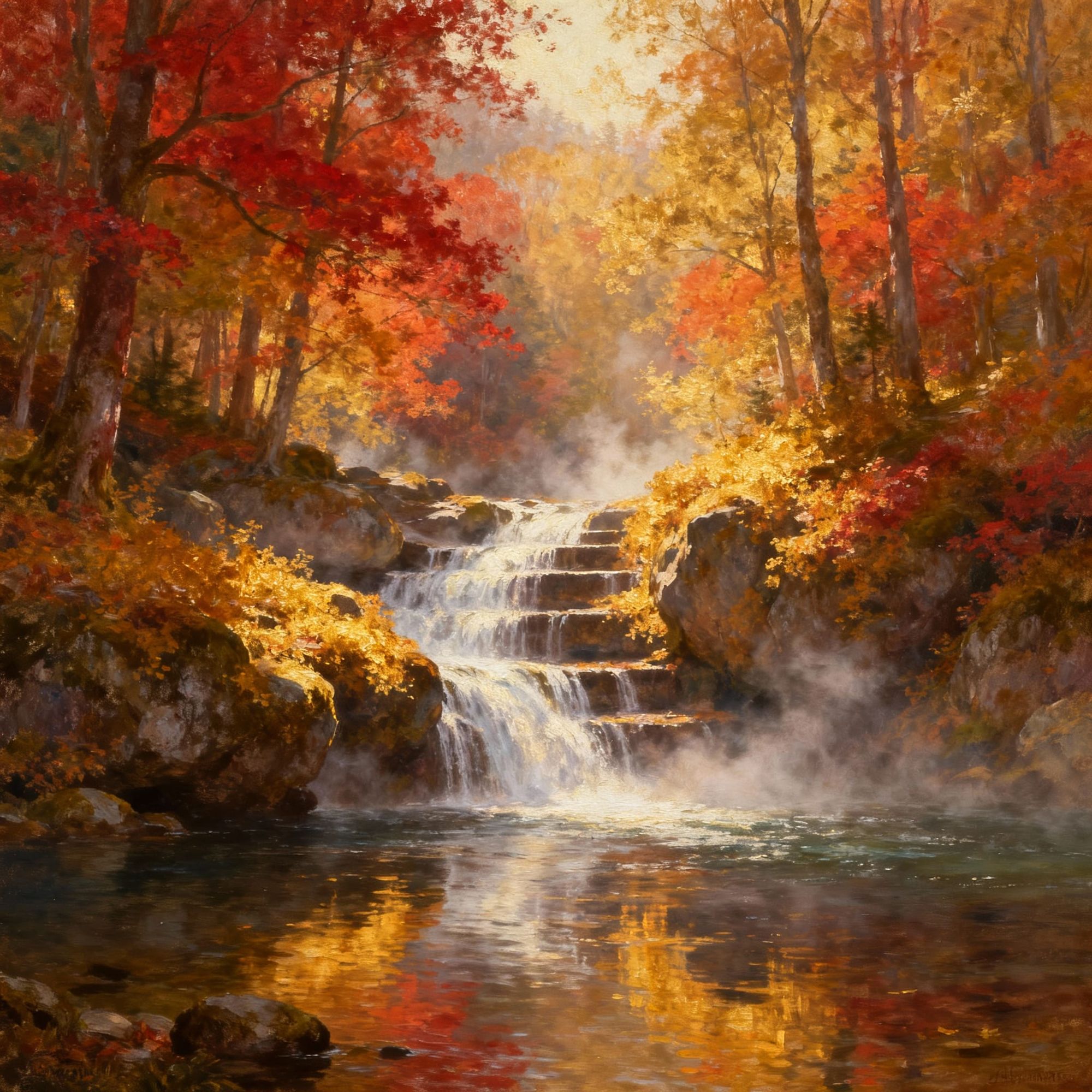 The painting depicts the power of water, flowing smoothly and calmly through an autumn forest. The waterfall shimmers and cascades between r...