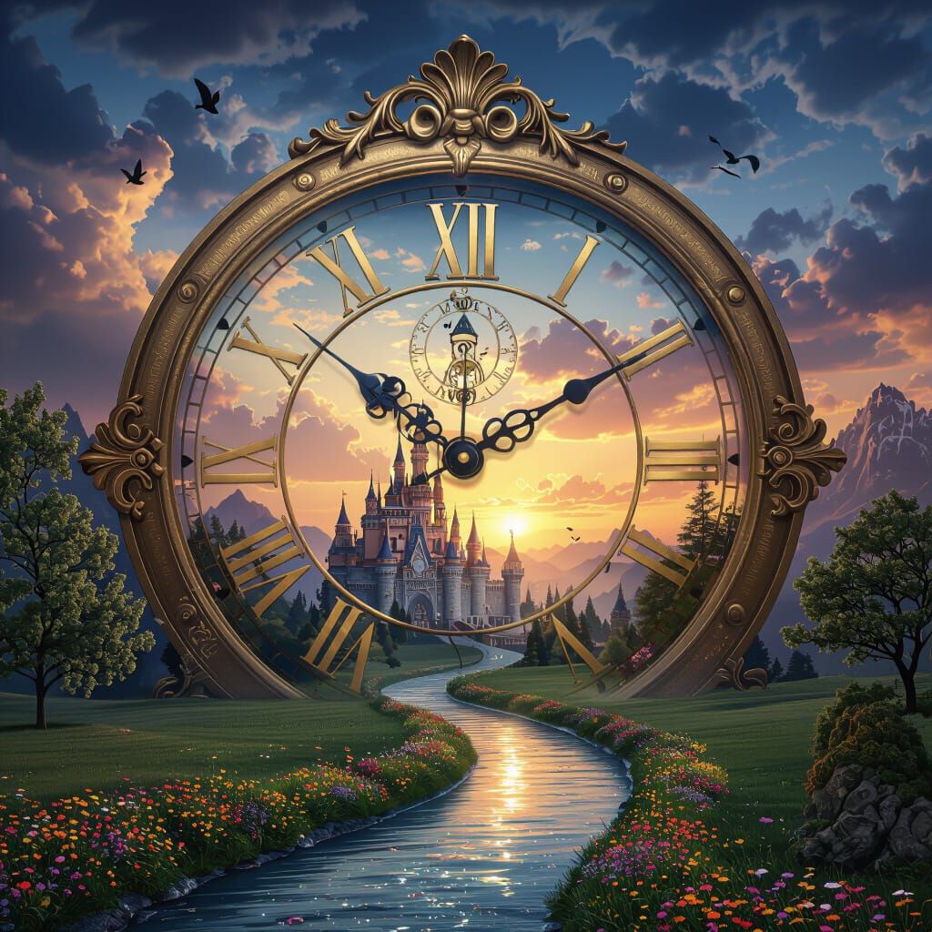 Magical Landscape with Ornate Clock and Castle View