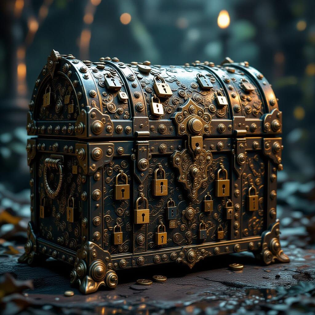 An ancient treasure chest completely covered with hundreds of tiny detailed locks, every lock unique ...  by @rivka