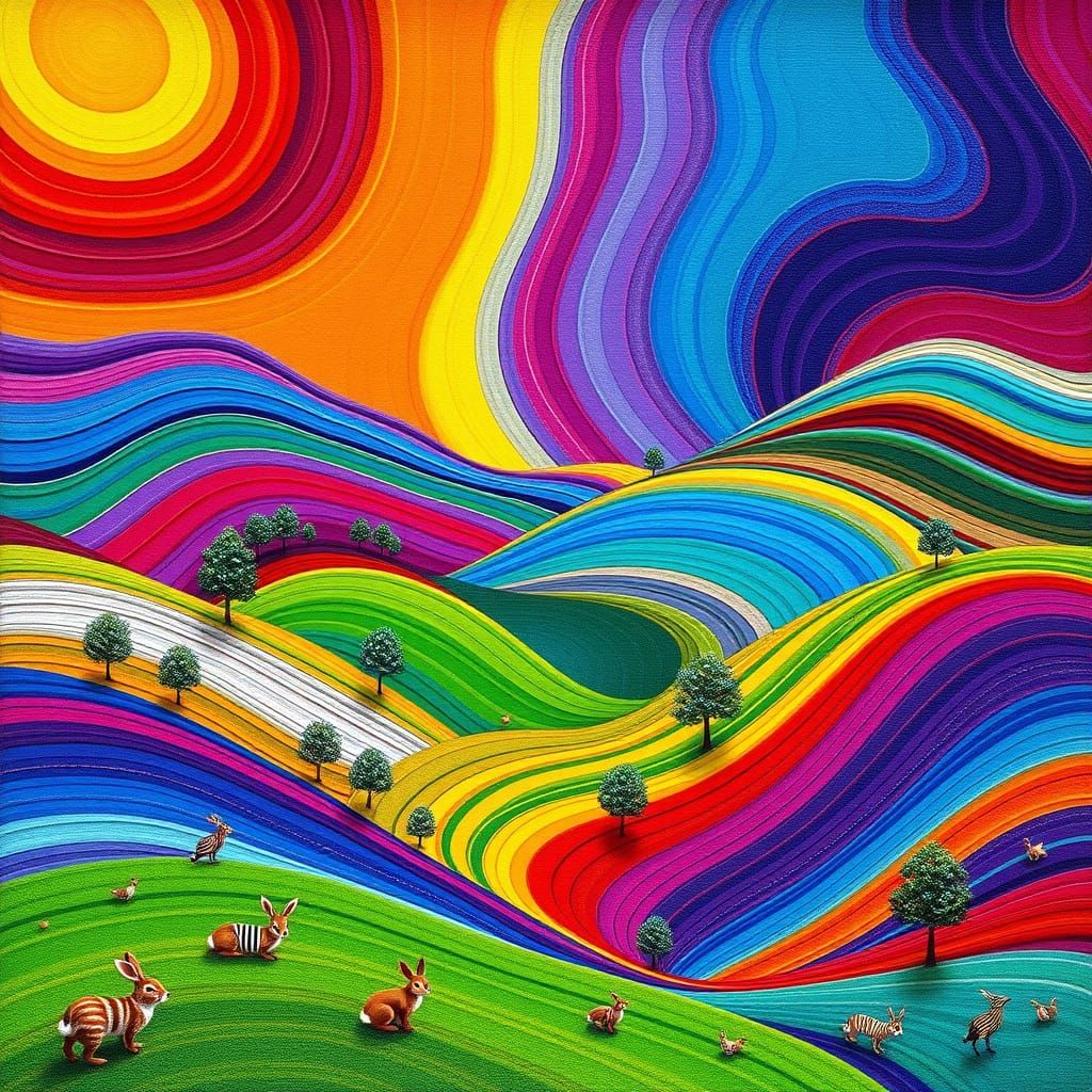 A rainbow landscape designed entirely with layered stripes with realistic texture and shading and shapes. ...  by @Sacha