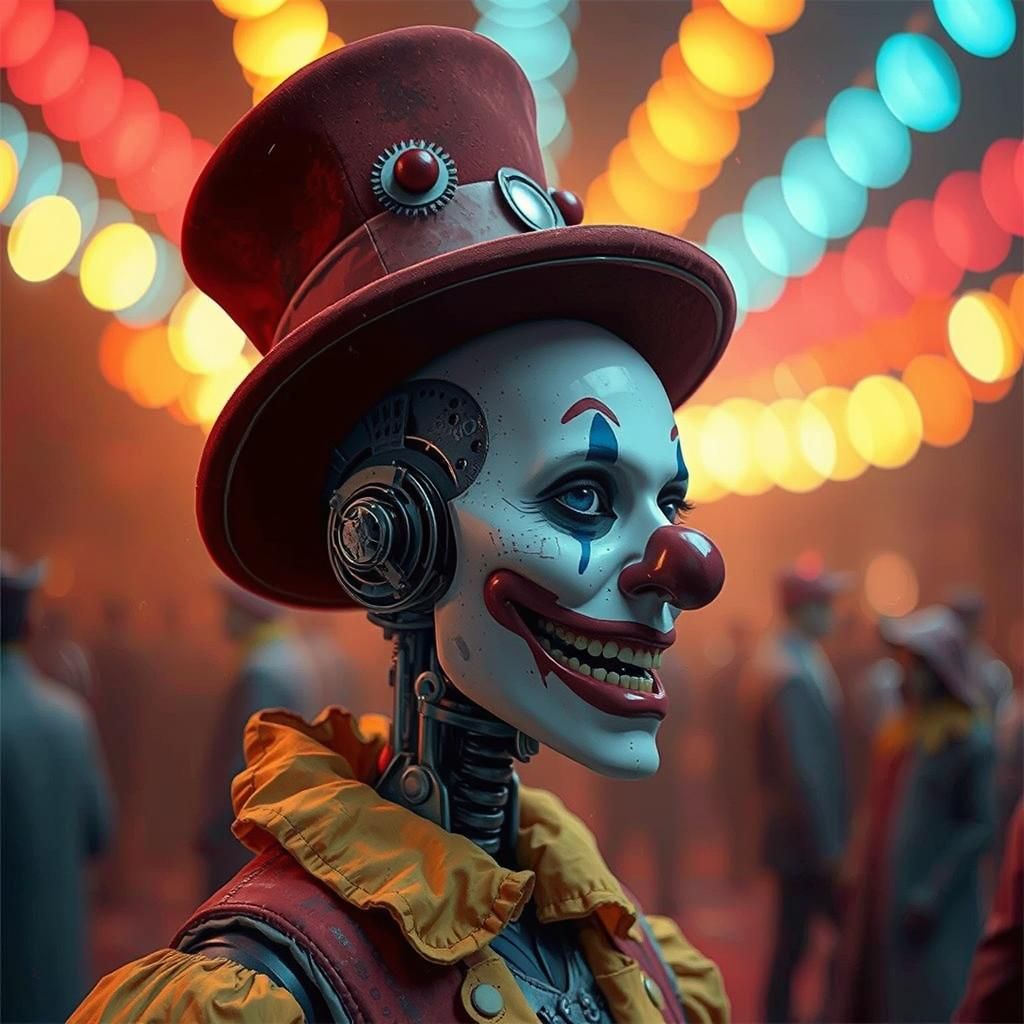 An AI robot sinister clown. 