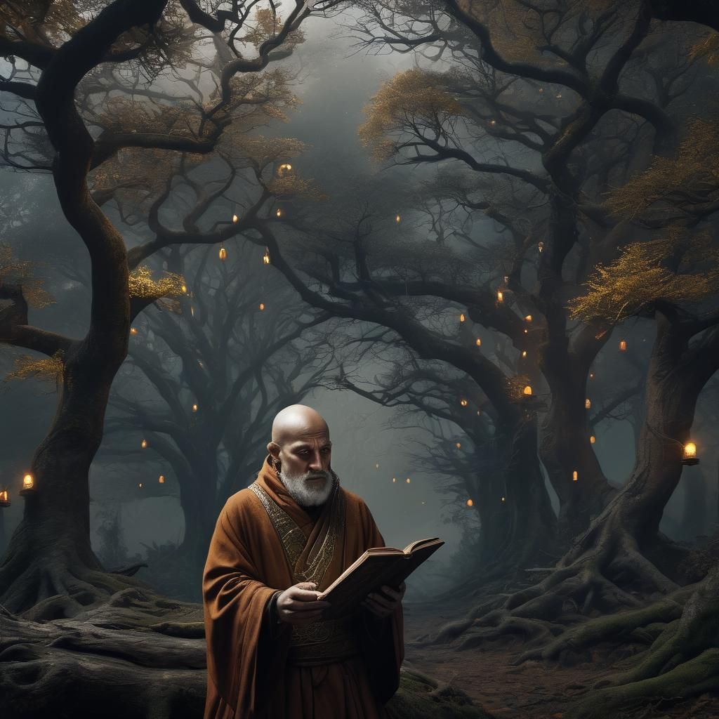 Monk with Ancient Manuscript in Misty Forest