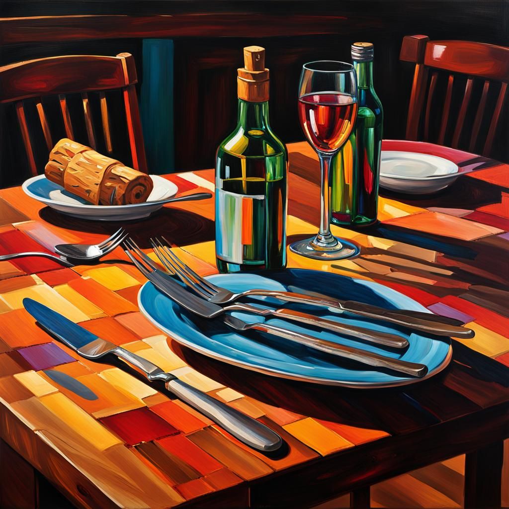 Vibrant New York Still Life in Warm Oil Painting - AI Art - A Knife A Fork A Bottle And A Cork Remix