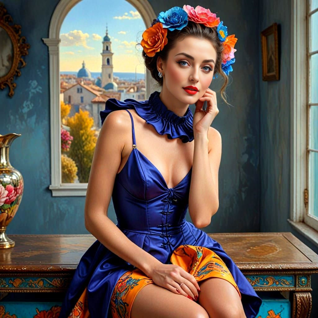Elegant Mature Lady in Vibrant Surreal Scene