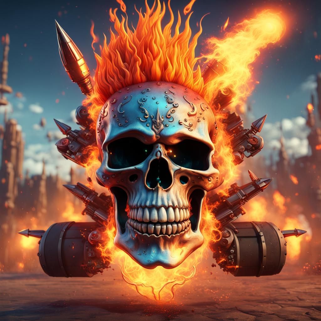 a grinning punk rock skull with flames on top of his head an...