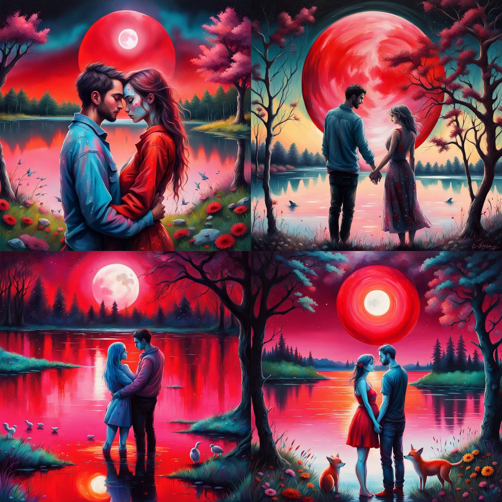 Sensual Couple Embrace Under Red Moon, Graffiti Art