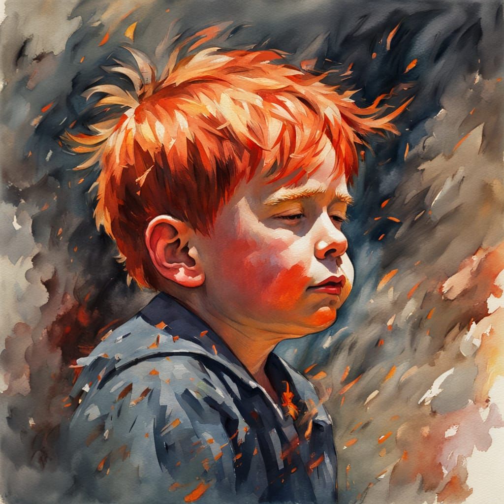 Little Boy Embracing Fiery Destiny in Epic Impressionist Mas...