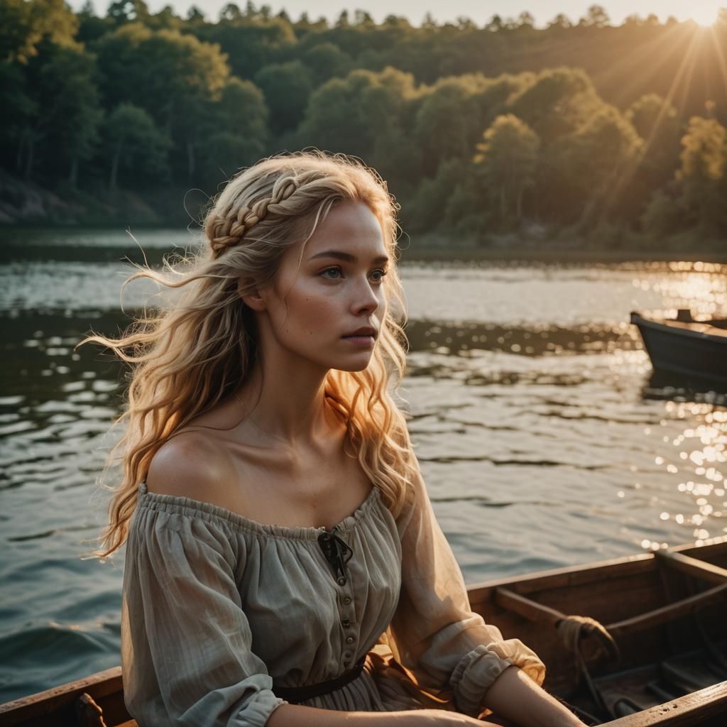 Blonde Fairy Woman in Boat at Sunset