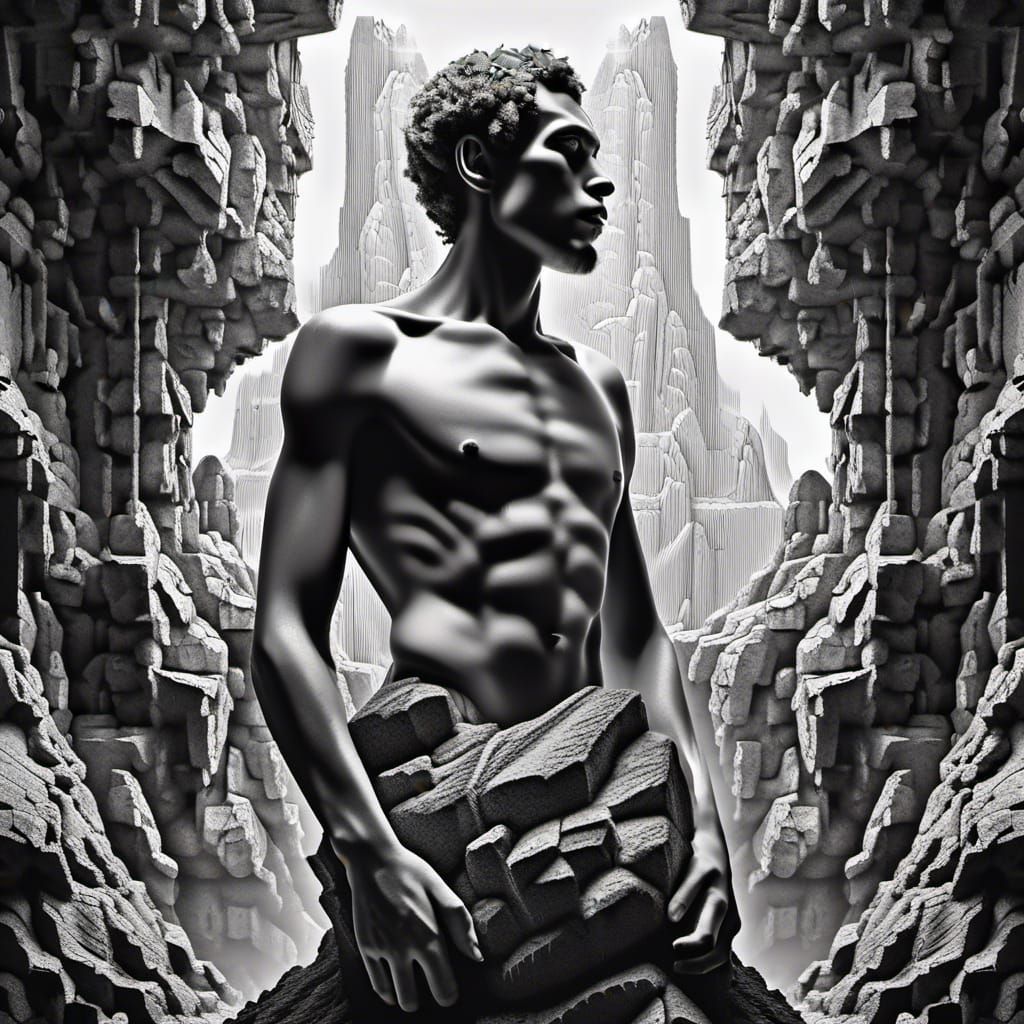 Futuristic striking black and white portrait of a man, his chiseled features seemingly carved from stone. As the viewer's gaze travels downw...