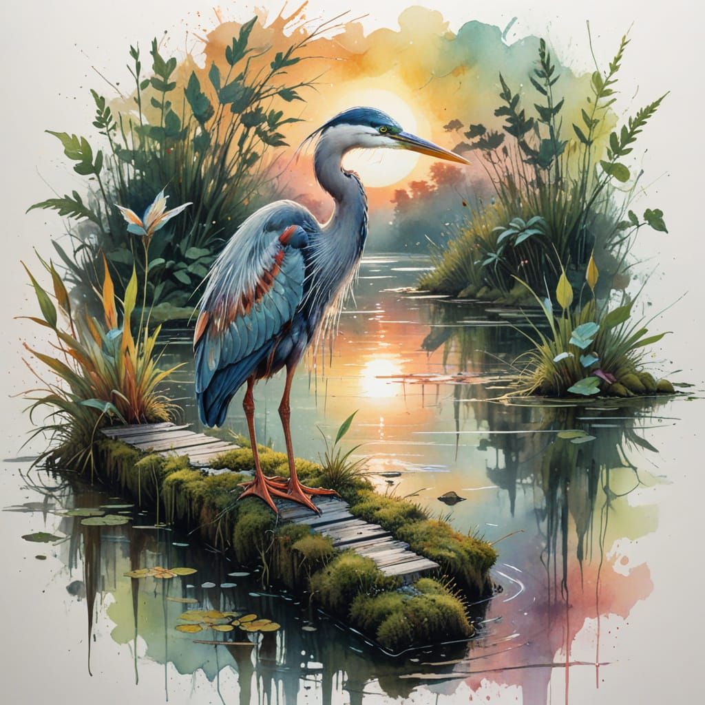 A dreamlike river delta, where winding waterways meander through lush wetlands under a radiant sunset, ...  by @Kosh