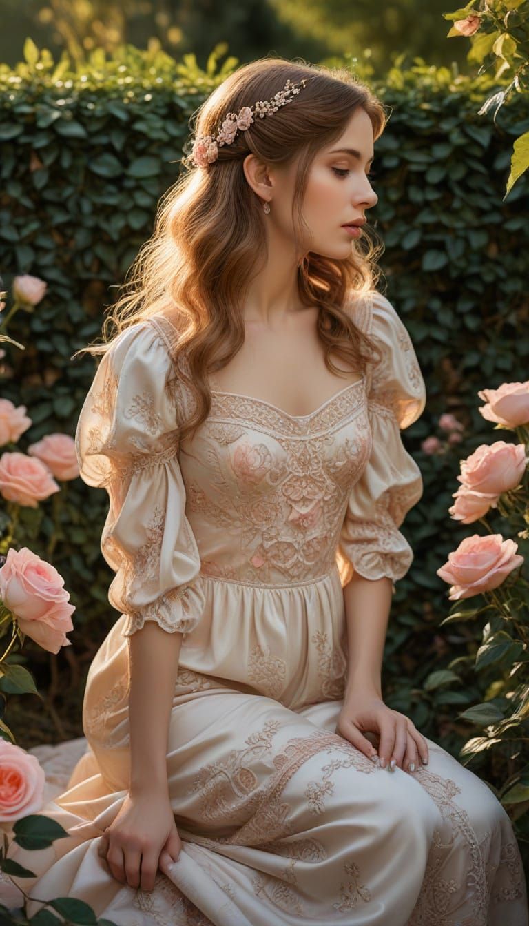 Dreamy Oil Painting of Woman in Rose Garden at Sunset