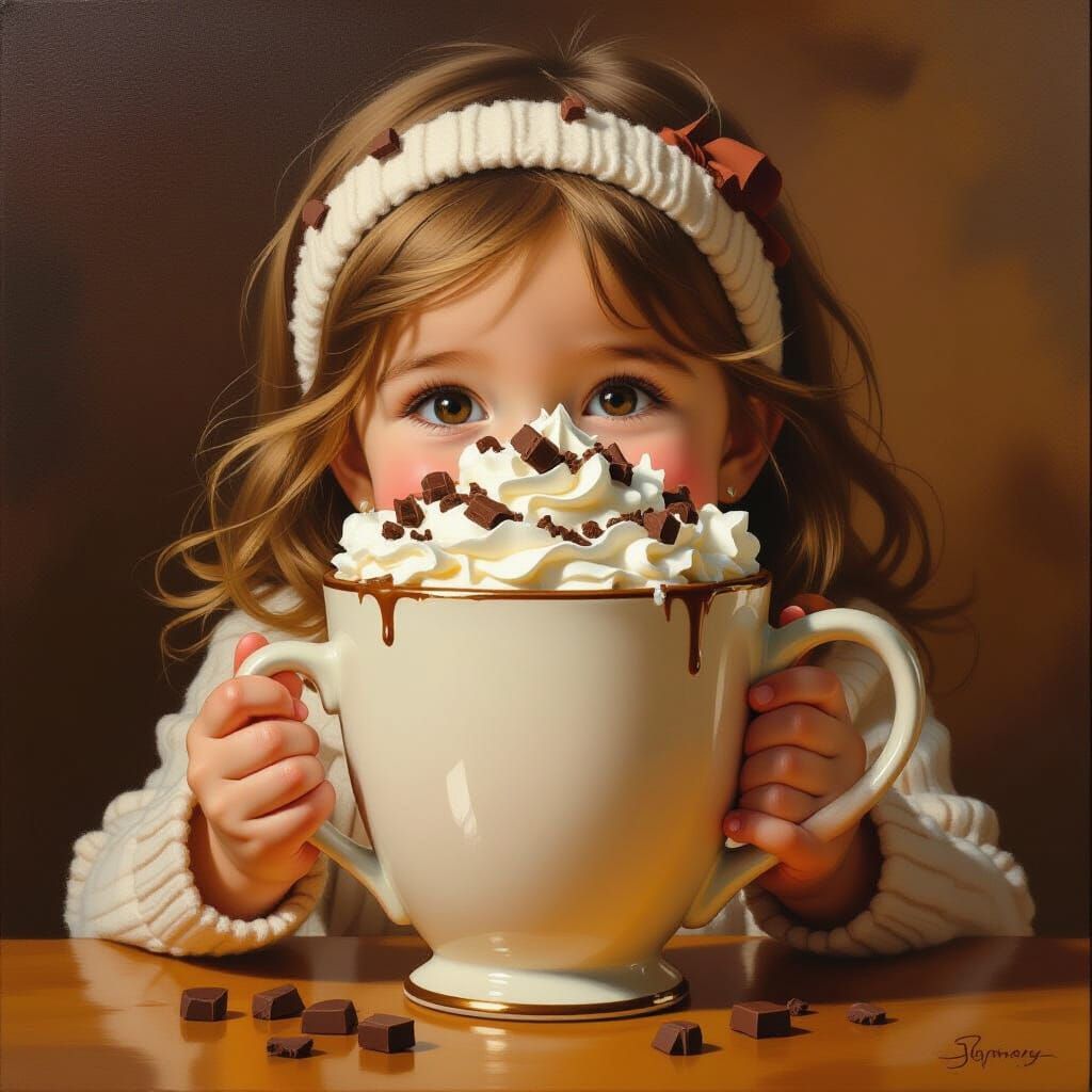 Girl Drinks Hot Chocolate with Whipped Cream in Impasto Oil ...