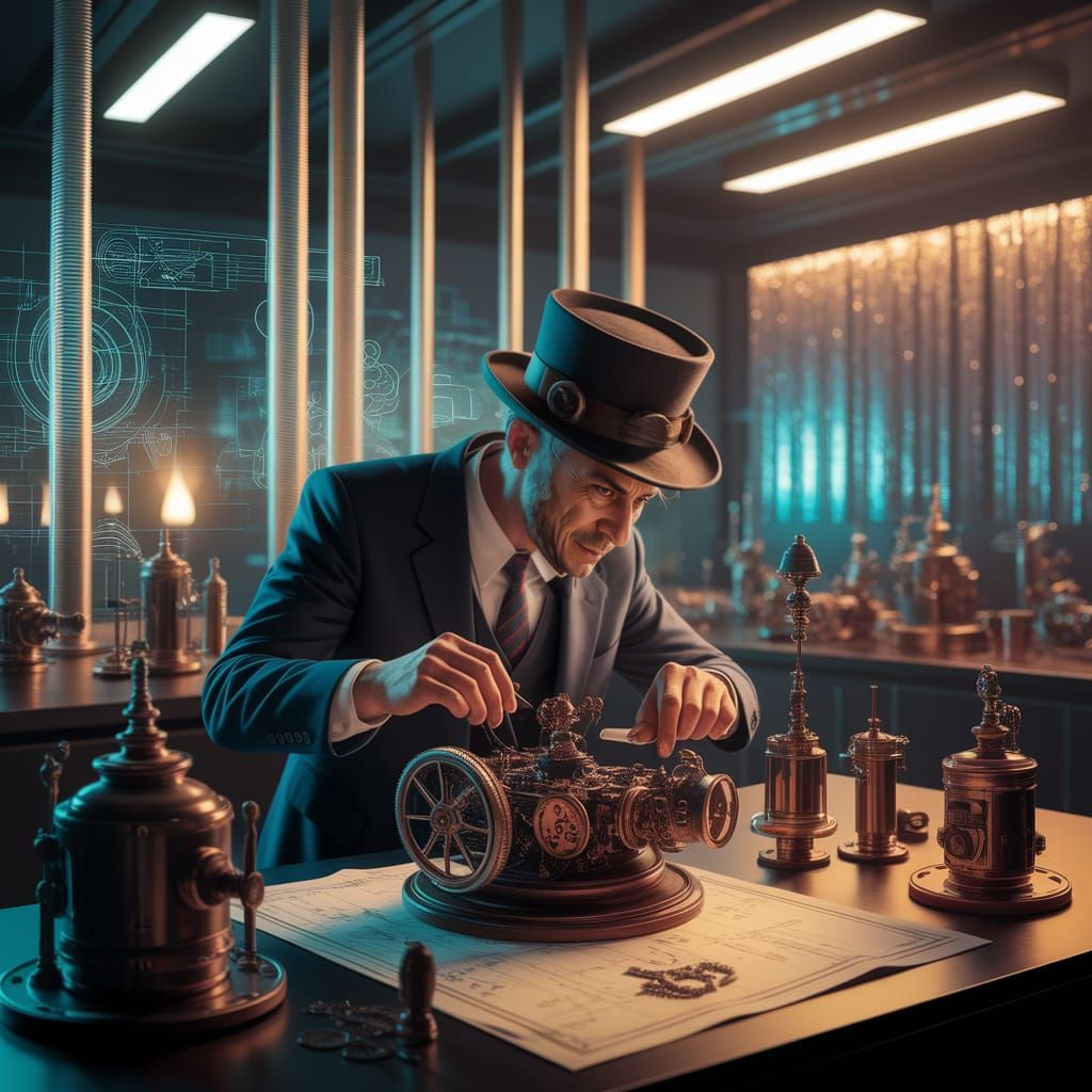 Steampunk Inventor in a Futuristic Laboratory Workspace