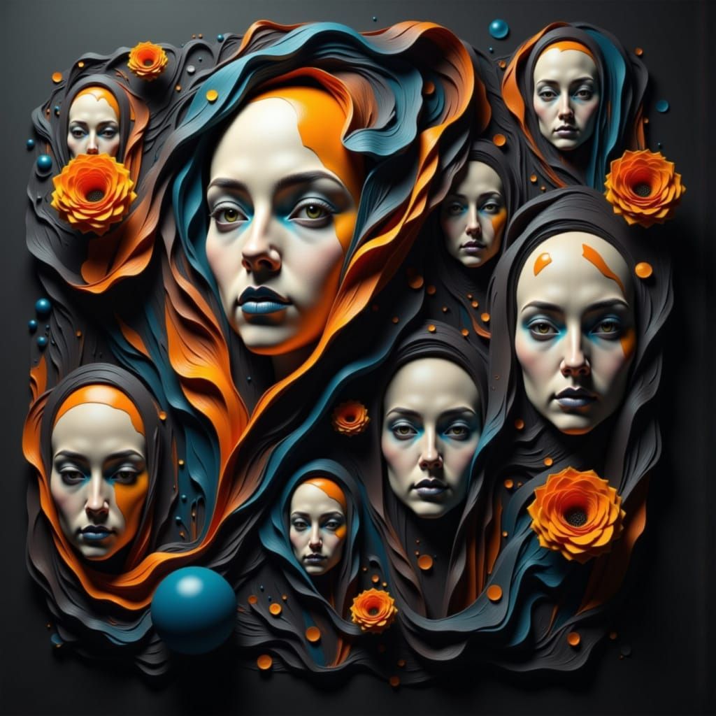 <lora:Abstract Me:1.0> Abstract  images blend into who I will become organized into masks Je me souviens des mouvements hésitants de mes rêv...