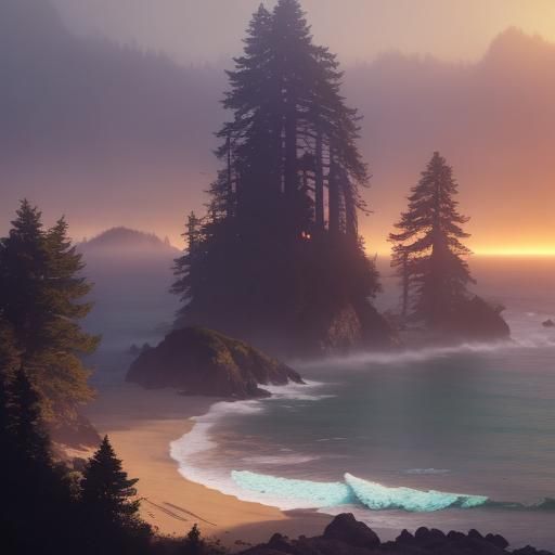 Coastal Redwood Forest Sunrise: Dark Fantasy Concept Art