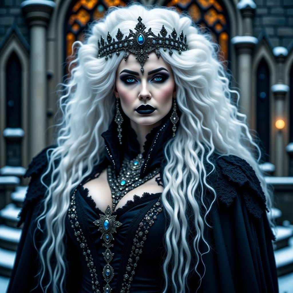 <lora:Gothic Beauty Flux:1.0> half-body headshot, beautiful gothic white winter sorceress queen with very big curly white windswept hair, bl...