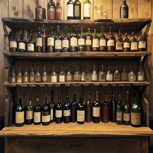 Classic Still Life: Red Wine Bottles on Shelves