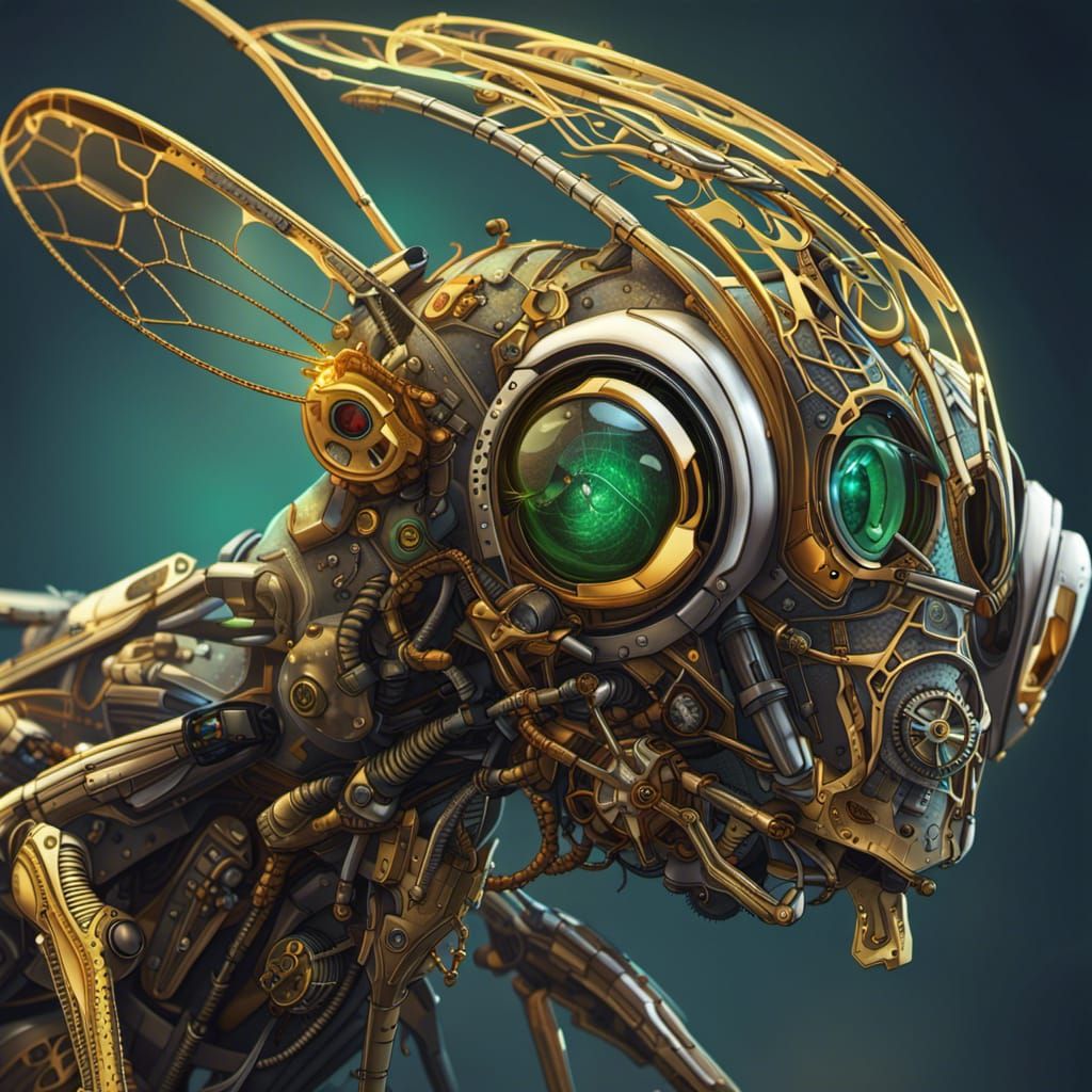 portrait of a cyberpunk grasshopper insect with big gold gla...