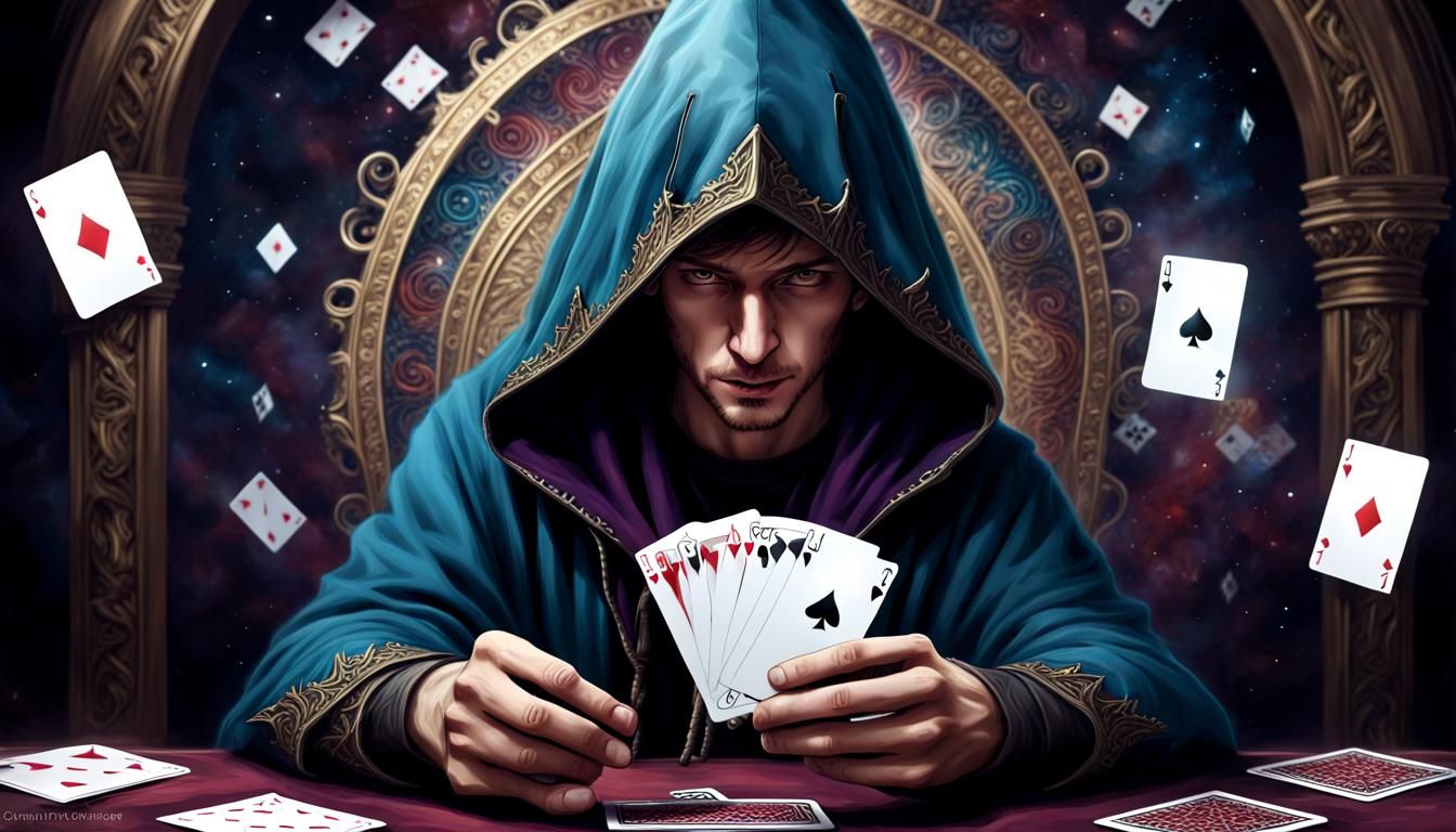 fantasy realism::hooded magician::playing with playing cards...
