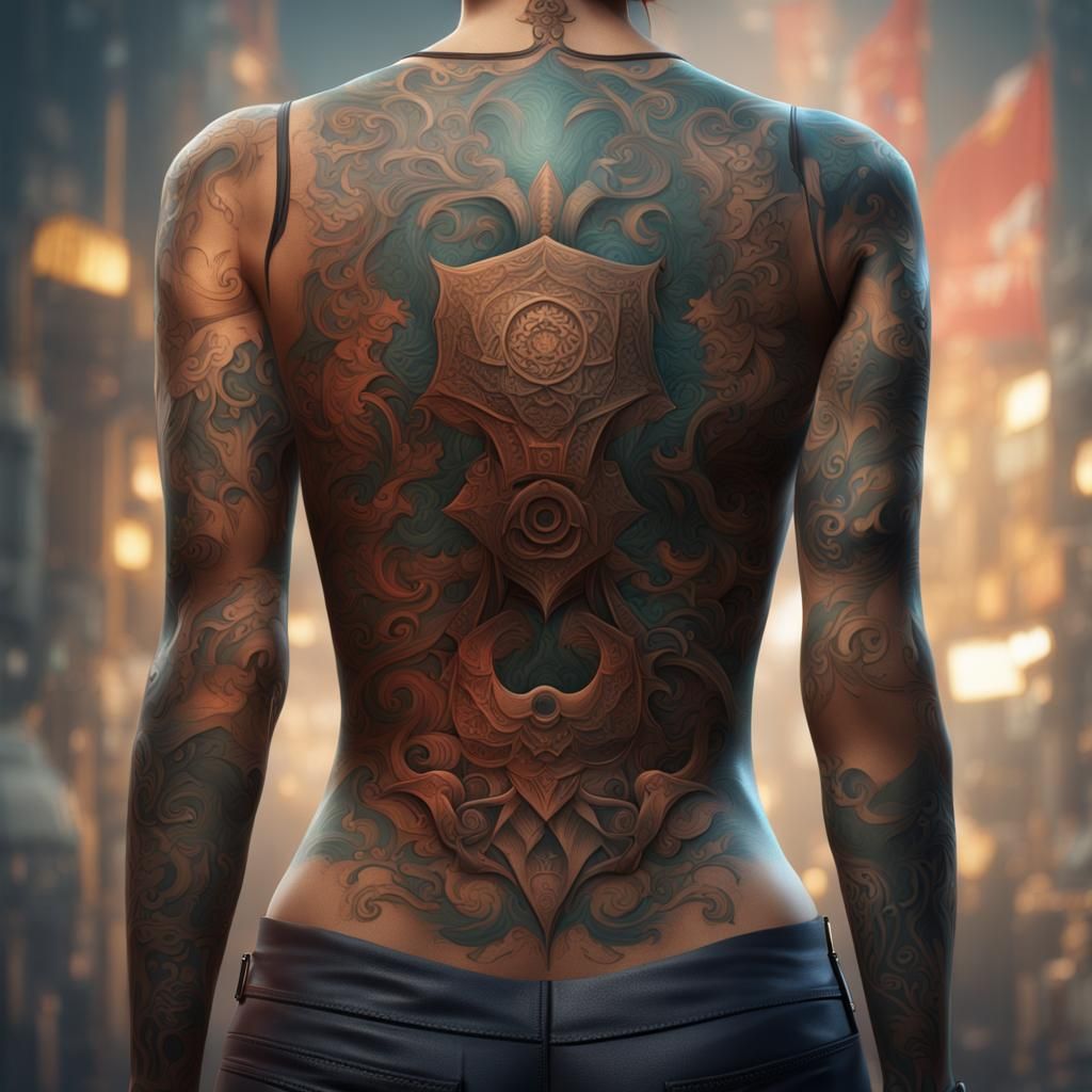 A woman with a full body tattoo of herself wearing office cl...