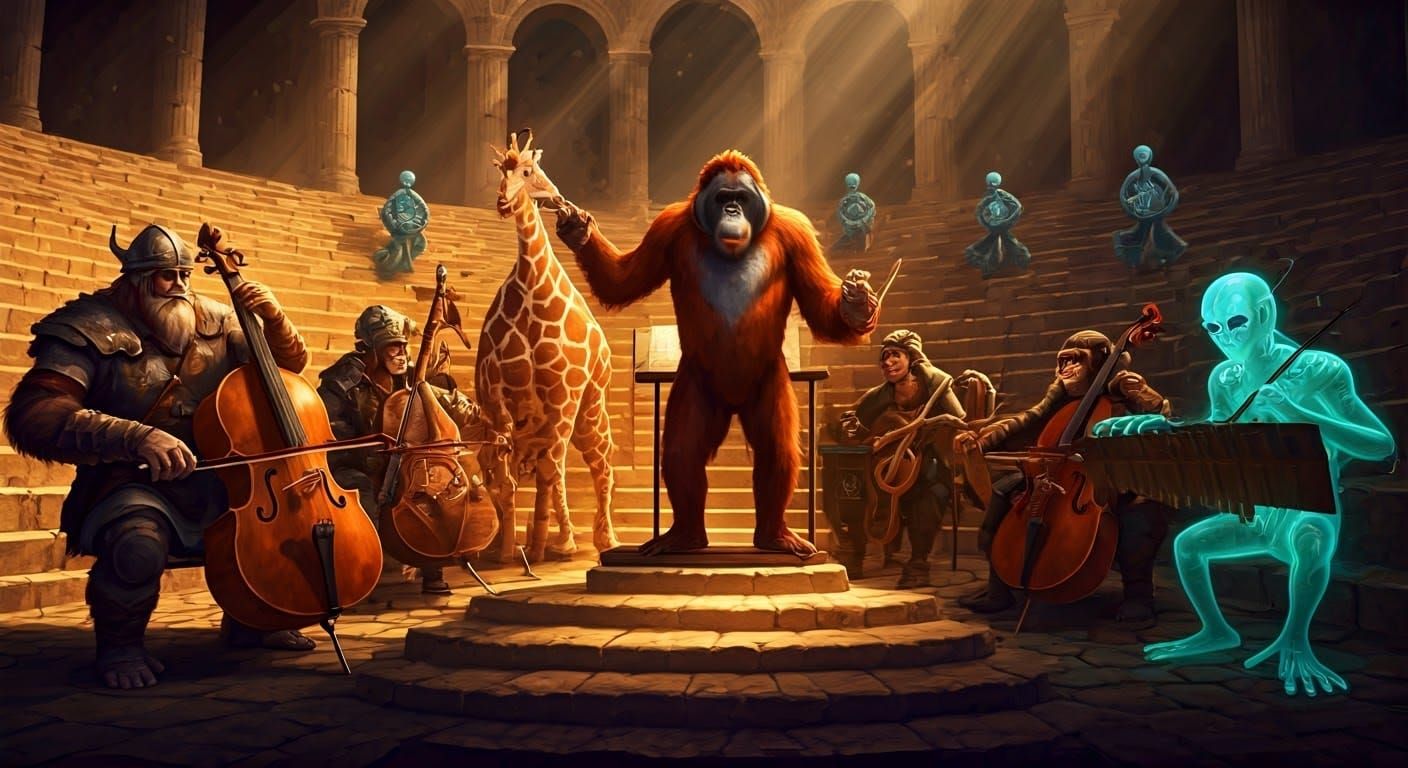 an orchestra with Vikings and giraffes and chimpanzees and  4 aliens playing instruments facing an orangutang conductor, Greek amphitheater,...