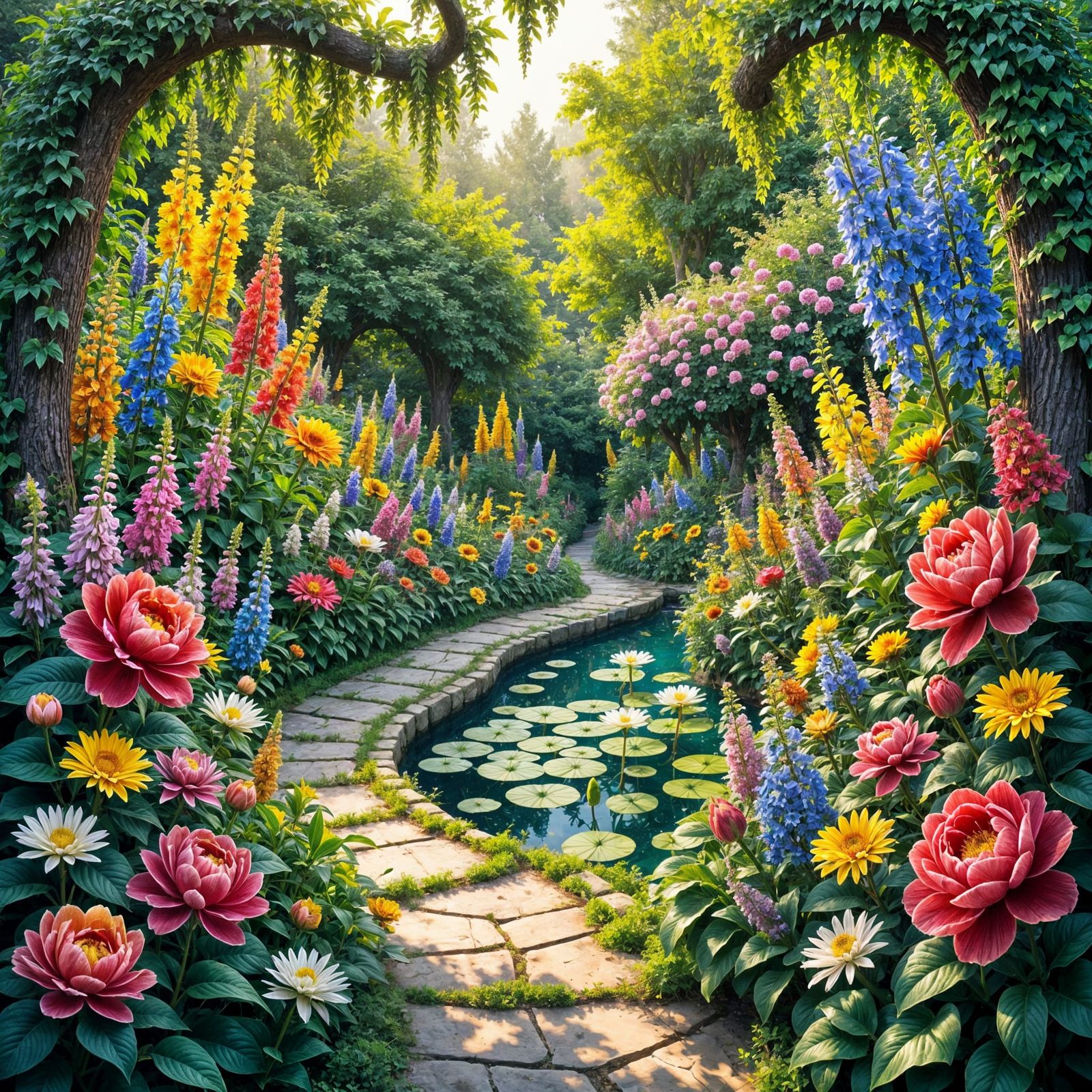 <lora:Floral Clarity:1.0> A breathtakingly beautiful, lush garden teeming with an array of vibrant, exotic flowers in every hue, from velvet...