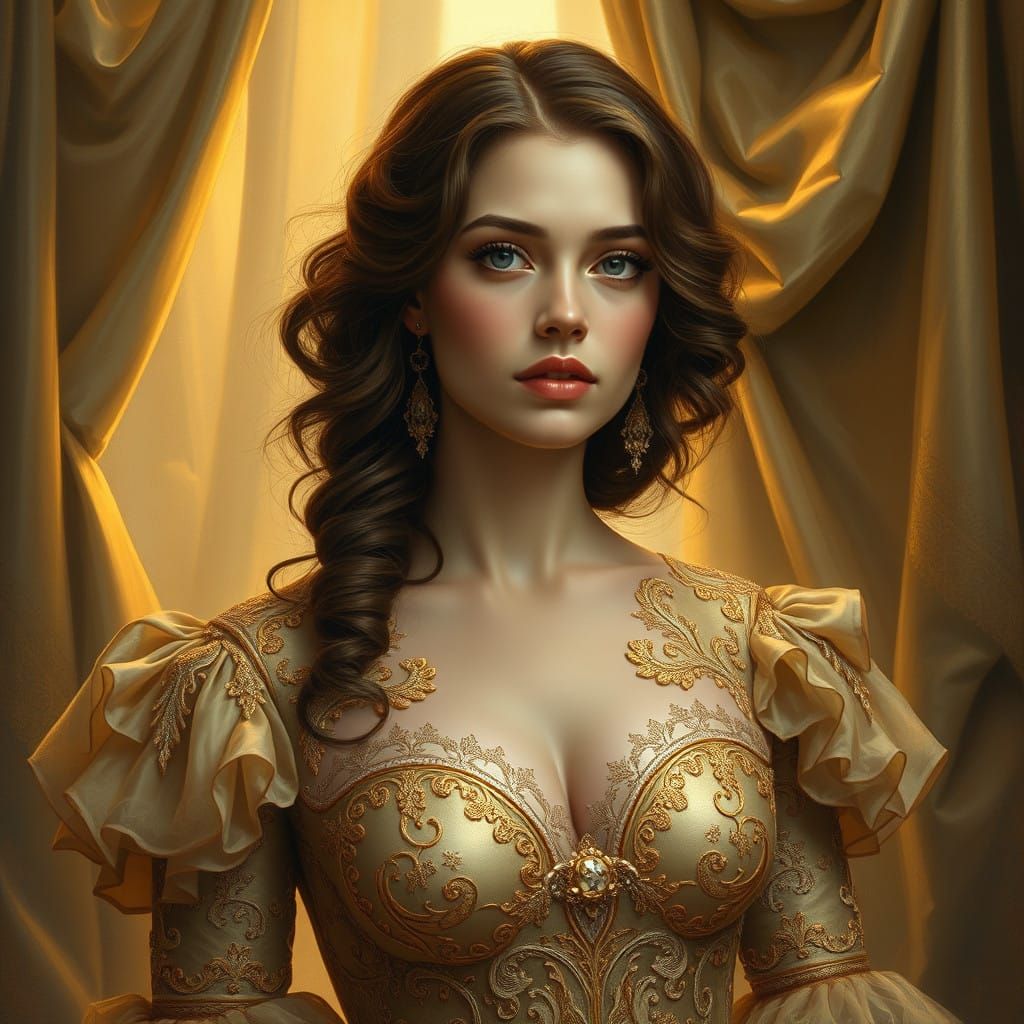 Woman in Opulent Gold Gown with Lavish Fabrics and Soft Ligh...