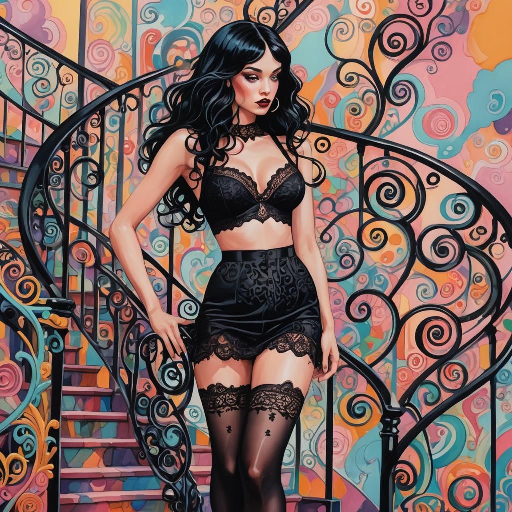 Surreal Candyland Woman on Swirling Staircase