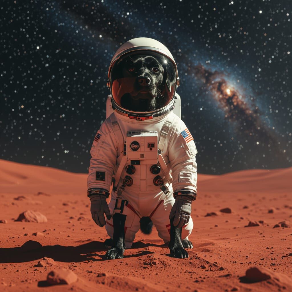 Black lab dog in a space suit standing on mars with stars in the background